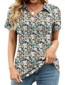 lot 16451 image: Business Casual Tops Women Short Sleeve V Neck Polo Shirts Collared Work Blouses with Pocket Black Yellow Floral M - Retail $22