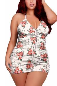 lot 16453 image: Plus Size Sheer Stretch Mesh Babydoll Dress Zipper Shirring Halter Chemise Curvy Sexy Lingerie for Women(Rose Print, 4XL) - Retail $17