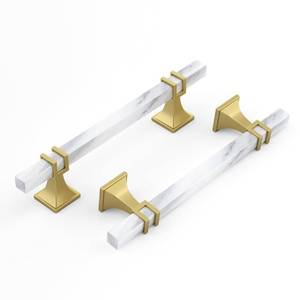 lot 2492 image: Haliwu 10 Pack 5 inch White Marble Grain Kitchen Cabinet Pulls Gold Dresser Drawer Handles, 2 Tone Square Hardware