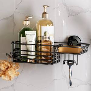 lot 3317 image: TAILI Shower Caddy Suction Cup with Hooks and Soap Holder, Heavy Duty Bathroom Shower Organizer, No Drilling Bathroom Holder with Large Capacity, Metal Black Storage Basket - Retail $20