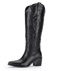 lot 3322 image: Pasuot Western Cowboy Boots for Women - Black Knee High Wide Calf Cowgirl Boots with Western Embroidered, Slip On Pointed Toe Chunky Heel Fashion Retro Classic Pull On Tall Boot for Ladies Size 9.5 - Retail $60