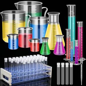 lot 3323 image: Baderke 40 Pcs Plastic Test Tubes with Rack 5 Graduated Cylinder 6 Beakers 3 Erlenmeyer Flask 10 Plastic Transfer Pipette for Lab Party DIY - Retail $34