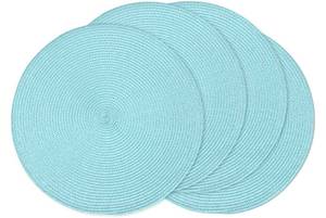 lot 4234 image: AHHFSMEI Round Braided Placemats 15 Inch Round Table Mats for Dining Tables Natural Woven Heat Resistant Place mats Set of 4 (Light Teal) - Retail $14