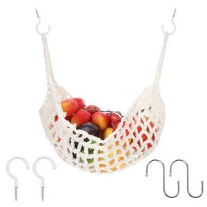 lot 4241 image: Hanging Fruit Hammock Under Cabinet Macrame Basket for Kitchen with Hooks Hand-Woven Boho Fruit Holder Net Organization Banana Basket for Home Dining Room Cabinet Decor Boat Camper Rv - Retail $9