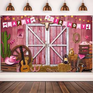 lot 4257 image: Breling Western Cowgirl Birthday Banner Cowboy Backdrop Photography Booth Prop Pink Cowgirl Party Background for Girls Cowboy Birthday Baby Shower Party Decorations Supplies, 71 x 43 Inch - Retail $10