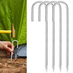 lot 4290 image: Rebar Stakes 12inx6mm Galvanized J Hook 4pcs � Heavy Duty Ground Tent Stakes for Fence,Bounce House,Outdoor Plants,Artificial Turf,Dog Coop,Metal Stakes for Christmas Decorations - Retail $7