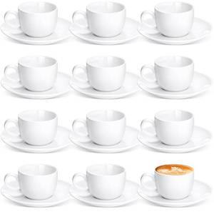 lot 5504 image: Maxdot 12 Set 2.7 OZ Porcelain Espresso Cups with Saucers White Ceramic Coffee Cups and Saucers Cappuccino Mug Latte Cup for Cafe Mocha Barista Coffee Shop - Retail $49