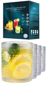 lot 5505 image: ISMASOAN Vintage Hobnail Drinking Glasses Set of 4, Cocktail Glasses 12 oz, Cups for Kitchen, Beaded Glassware, Highball Glasses for Whiskey, Juice, Water, Beer - Retail $22