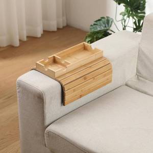 lot 5507 image: ROCDEER Sofa Arm Tray, Bamboo Large Couch Cup Holder with Hidden Storage, Sofa Armrest Tray Portable Anti-Spill Beverage Snack Remote Holder - Retail $26