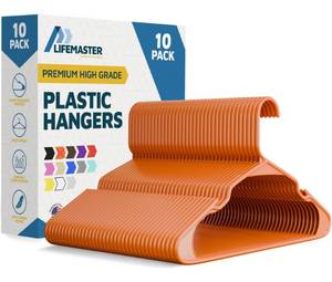 lot 5513 image: Lifemaster Plastic Clothes Hangers � Heavy Duty Hanger Set, for Organizing Clothes, Dresses, and Coat, Holds Up to 5 lbs, Space-Saving Hangers with Non-Slip Shoulder Grooves, Pack of 10, Orange - Retail $43