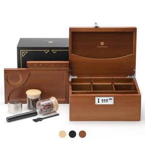 lot 5515 image: GLENCREAG Stash Box with Rolling Tray, Smell Proof Large Bamboo Storage Box with Lock, Decorative Set Includes Glass Jars and Grinder, Gift for Men Women - Retail $37