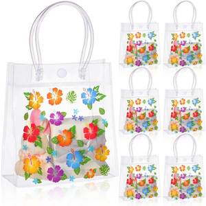 lot 16472 image: Cinnvoice 36 Pcs Hibiscus Luau Gift Bags,Plastic Hawaiian Party Favor Bags,Clear Tropical Gifts with Handles for Party Summer Table Setting Aloha Luau Decorations (5.9 x 6.3 x 2.7 Inches) - Retail $22