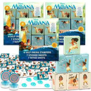 lot 16483 image: Disney Moana Party Favors Bulk Set  Bundle with 60 Pieces Favor Boxes with Stickers, Tattoos and Stampers for Kids Birthday Party  Moana Classroom Prize Boxes - Retail $19