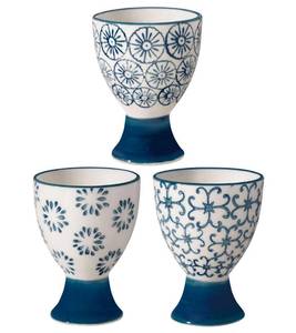 lot 16487 image: Nordring Kristina Stoneware Egg Cups � Set of 3 Handmade Ceramic Egg Holders with Patterned Stamp Decor � Dishwasher and Microwave Safe � Rustic Scandinavian Design � 2.75�� High - Retail $18