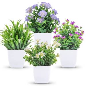 lot 19864 image: Der Rose 4 Pack Small Fake Plants Mini Artificial Faux Plants Indoor with Flowers Spring Decorations for Home Room Farmhouse Desk House Bathroom Decor - Retail $10