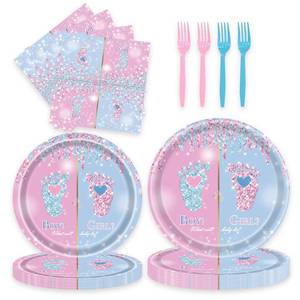 lot 19865 image: 96 Pcs Gender Reveal Party Plates Napkins Forks Decorations Tableware Set Supplies Disposable Paper Boy or Girl Gender Footprint Favors, Serves 24 Guests