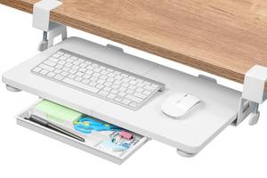 lot 19878 image: ETHU Keyboard Tray Under Desk, 19.7ft X 11.81 Small Size Keyboard Drawer with C Clamp-on Mount Easy to Install, Computer Keyboard Stand Slide Pull Out, Ergonomic Keyboard Tray for Home, Office - Retail $56in