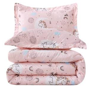 lot 19879 image: JSD Pink Unicorn Kids Comforter Set Twin Size, 2 Piece Girls Rainbow Microfiber Comforter with Pillow Sham, Lightweight All Season Washable - Retail $30