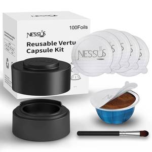 lot 20016 image: Nessus Reusable Kit for Nespresso Pods Vertuo, Reuse Old Coffee Pods for Nespresso Vertuo 100 Pcs Aluminum Foil Seal Lid, Holder, Brush, Refillable Vertuo Plus Next Capsule Machine(No Pods Come) - Retail $20