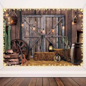 lot 20030 image: Moukeren Western Party Backdrop Western Cowboy Party Decoration Wild West Decor Wooden House Barn Photo Background for Birthday Wedding Supply(7 x 5 ft,Classic Style) - Retail $13