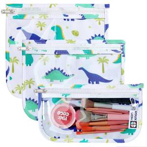 lot 20063 image: HIONXMGA TSA Approved Toiletry Bag, Set of 3 Clear Travel Toiletry Bag Quart Size Zipper Travel Pouch, Waterproof Makeup Cosmetic Bag for Women Men Kids Toiletries Carry on, Dinosaur White - Retail $8