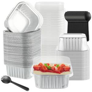 lot 20069 image: BAKINGPAK Square Individual Cake Pans with Lids, 50PCS 5OZ Baking Cups with Lids Cupcake Liners with Lids Mini Aluminum Pans with Lids Mini Cake Tins Mini Cake Pans with Lids for Birthday, Silver - Retail $22
