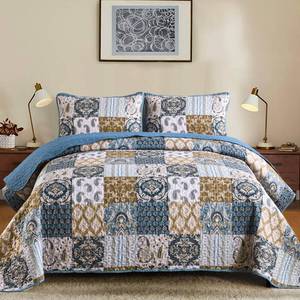 lot 20072 image: WONGS BEDDING Boho Quilt Set King Size, Blue Patchwork Plaid Bedspread Bedding Sets Paisley Soft Microfiber Quilts for King Bed 3 Pieces Coverlet Set for All Season (104x90)