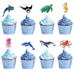 lot 20095 image: WERNNSAI 32 PCS Ocean Cupcake Toppers - Shark Birthday Party Decorations Under The Sea Cake Toppers Summer Dolphin Ocean Animal Cake Decors for Kids Ocean Baby Shower Party Supplies - Retail $8