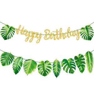 lot 20100 image: Tropical Leaf Birthday Party Banners Hawaiian Luau Birthday Decoration Palm Leaves Party Banners for Jungle Party Decoration Summer Baby Shower Supplies - Retail $12