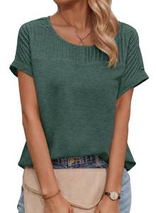 lot 20103 image: Dokotoo Spring Tops for Women Trendy 2025 Casual Solid Round Neck Cap Short Sleeve Womens T Shirts Comfy Loose Fit Tunics Pleated Lightweight Blouses Workout Tops for Women Dark Green X-Large - Retail $20