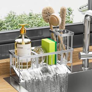 lot 13101 image: Cisily Sink Caddy Sponge Holder for Kitchen, 304 Stainless Steel Rustproof, Kitchen Sink Caddy with High Brush Holder, Dish Sponge Organizer with Divider(Silver) - Retail $18