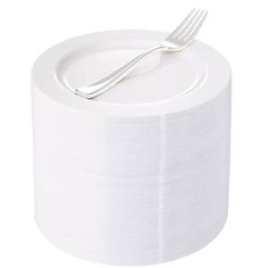 lot 13104 image: WELLIFE 100 Pieces White Plastic Dessert Plates with 100pcs Silver Disposable Forks, Premium Hard Salad Plate 7.5�, Appetizer Plastic Plates for Wedding, Party - Retail $40