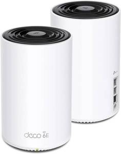 lot 13111 image: TP-Link Deco XE75 Pro AXE5400 Tri-Band WiFi 6E Mesh System - 2.5G WANLAN Port, Covers up to 5500 Sq.Ft, Replaces WiFi Router and Extender, AI-Driven Mesh, New 6GHz Band, 2-Pack - Retail $180