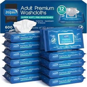 lot 13120 image: Inspire Adult Wet Wipes, Wash Cloths  Adult Wipes for Incontinence and Cleansing for Elderly, 8x12in Count 12 packs of 50 - Retail $33in
