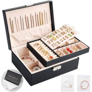lot 13137 image: Sanikeon Jewelry Boxes for Women Girls 2 Layers leather Jewelry Organizer Case with Lock Storage Box Removable Tray for Necklace Earring Ring with Polishing Cloth and Jewelry Bags - Retail $19