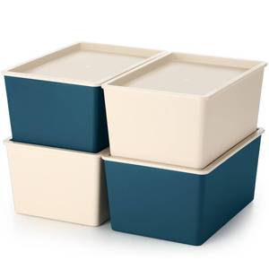 lot 13145 image: Menkxi 4 Pcs Storage Bins with Lids Plastic Containers Stackable Storage Box Baskets for Organizing Shelves(Beige, Blue,Small) - Retail $37