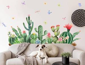 lot 14275 image: DRWSSR 3D Creative Fresh Green Plants Wall Decals Removable DIY Cactus and Flower Wall Sticker Peel and Stick Butterfly Dragonfly Wall Art Decor for Girls Nursery Bedroom Living Room Wall Corner - Retail $10