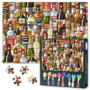 lot 14296 image: 1000 Piece Jigsaw Puzzle for Adults - Vintage Alcohol Bottles Collection, Colorful Retro Liquor Art Design Puzzle, Premium Puzzle Board, 27.5x19.7 in - Retail $12