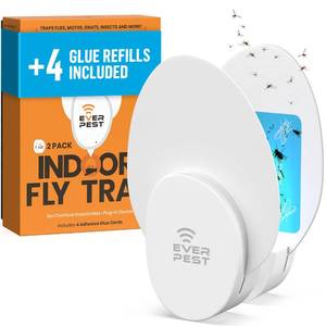 lot 14297 image: Indoor Fly Trap (2 Pack) with 4 Sticky Glue Cards � Electric Plug-in Insect Catcher for Fruit Flies, Gnats, Moths and Mosquitoes � Safe Indoor Pest Control for Home, Kitchen, Bedroom - Retail $20