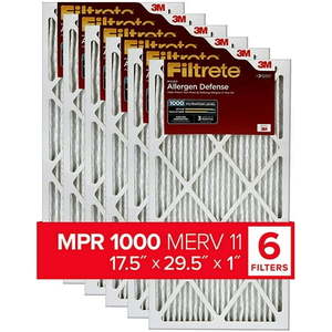 lot 15835 image: Filtrete 17.5x29.5x1  AC Furnace Air Filter  MPR 1000  Micro Allergen Defense  6-Pack (exact dimensions 17.19 x 29.19 x 0.81) - Retail $160