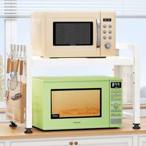 lot 15836 image: Expandable Microwave Stand, 2-Tier Adjustable Microwave Oven Rack with 10 Hooks and 2 Holders, Heavy Duty Carbon Steel Microwave Shelf for Kitchen Counter Organizer and Storage, Holds 120lbs, White - Retail $43