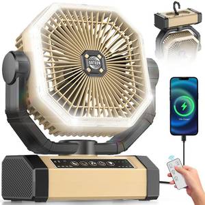 lot 15842 image: Camping Fan Rechargeable - 9-Inch Battery Powered Fan, 20000mAh(60Hrs) Battery Operated for Camping, Auto Oscillation Cordless, Tent Fan with RemoteLight, 4 Speeds, 4 Timing, Outdoor - Retail $32