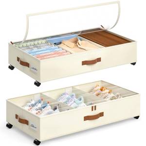 lot 15850 image: Yecaye Under Bed Storage with Wheels, 2 Pack Under Bed Storage Containers with Adjustable Dividers and Clear Lid, Rolling Underbed Organizer Bins Drawer for Clothes, Shoes, Blankets(33.3 x 16.5 x 6.7in) - Retail $41