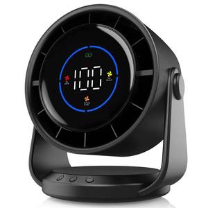 lot 15863 image: YOSHENMO Desk Fan, Turbo Table Fan for Bedroom, 100-Speed Digital Display, Low Noise, 105° Adjustable Tilt, 7.5-inch, Rechargeable Battery, Wall-Mouted Design for Home, Office, Travel Dark Black - Retail $14