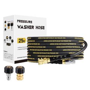 lot 15872 image: AURORA CAR Pressure Washer Hose 25FT with 38 Inch Quick Connect, Kink Resistant High Tensile Wire Braided, with 2 pcs M22 14mm Adapter Set, 4200 PSI Power Washer Hose - Retail $29