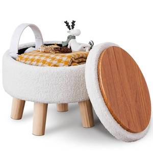 lot 15880 image: Wimarsbon Storage Ottoman, Modern Round Footrest with Soft Padded Seat, Teddy Velvet Footstool with Wood Legs, Accent Small Table or Plant Stand for Hallway, Living Room (Cream) - Retail $28