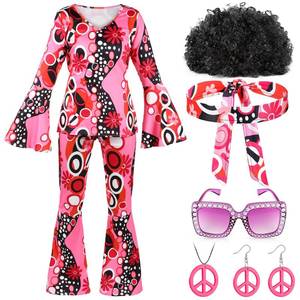 lot 15891 image: Shihanee 7 Pcs Women 70s Hippie Costume Accessories Disco Outfits Earring Necklace Headband Wig Glasses(X-Large,Bright Color) - Retail $39