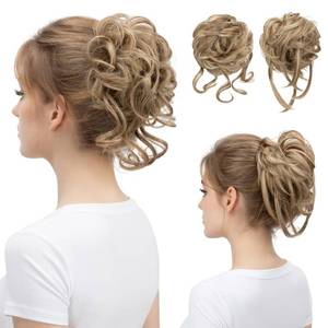 lot 16161 image: SARLA 2PCS Messy Bun Hair Pieces for Women Wavy Curly Synthetic Hairpieces for Updos with Tendrils Fake Scrunchies Ponytail Extension Sand - Retail $18