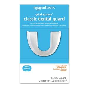 lot 16171 image: Amazon Basics Rest Assured Grind No More Classic Dental Guard, Custom Nighttime Protection from Clenching Teeth, Bruxism, Moldable Fit, Storage Case and Fitting Tray, 2 Pack - Retail $17