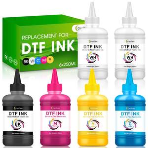 lot 16189 image: CenDale Premium DTF Ink 1500ML - DTF Transfer Ink for PET Film, Refill DTF Ink for Epson ET-8550, L1800, L800, R2400, P400, P800, XP15000, Heat Transfer Printing Direct to Film (250ml x 6, CMYK Wh) - Retail $86